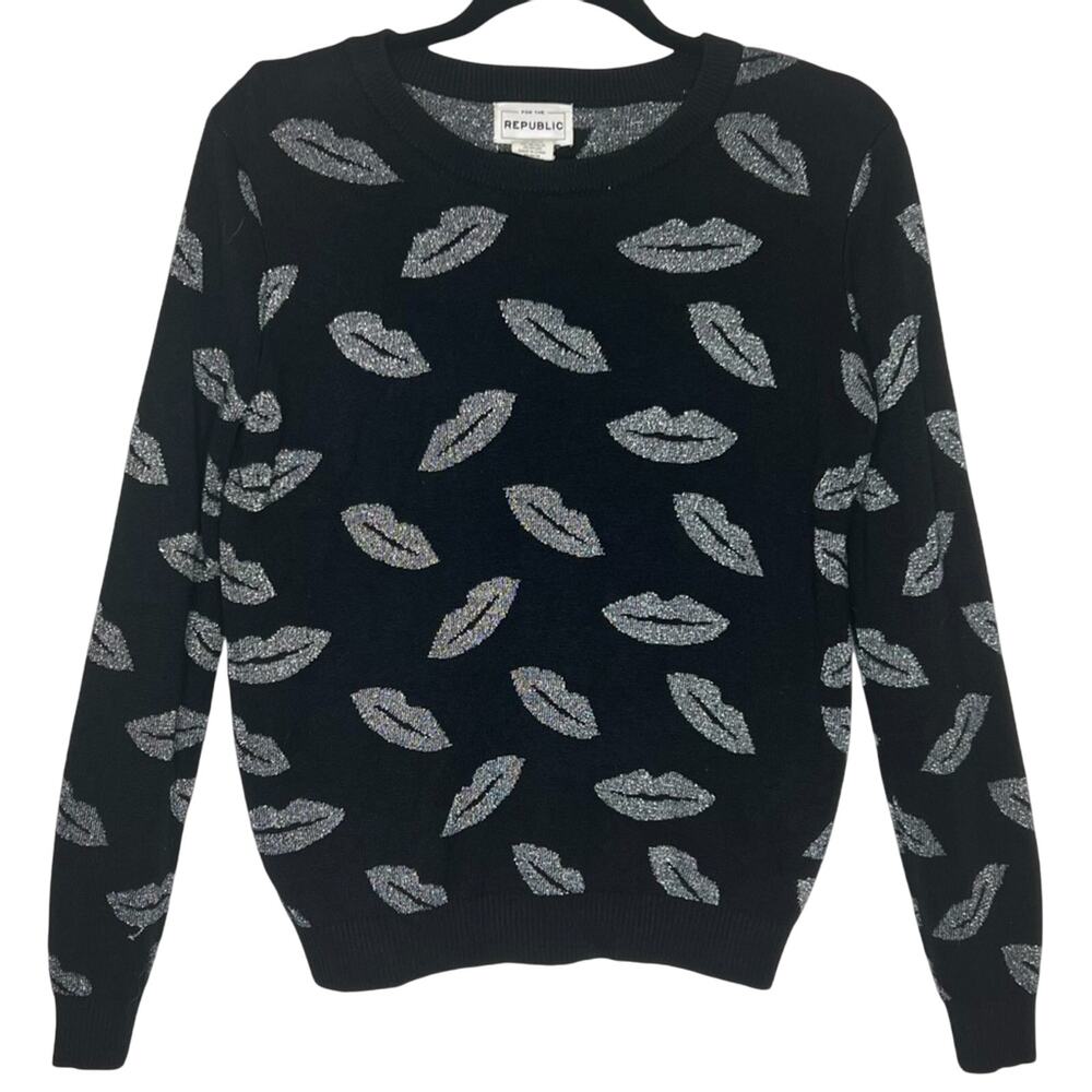 Vintage Y2K For The Republic Black Silver Lips Sweater M Whimsigoth Metallic